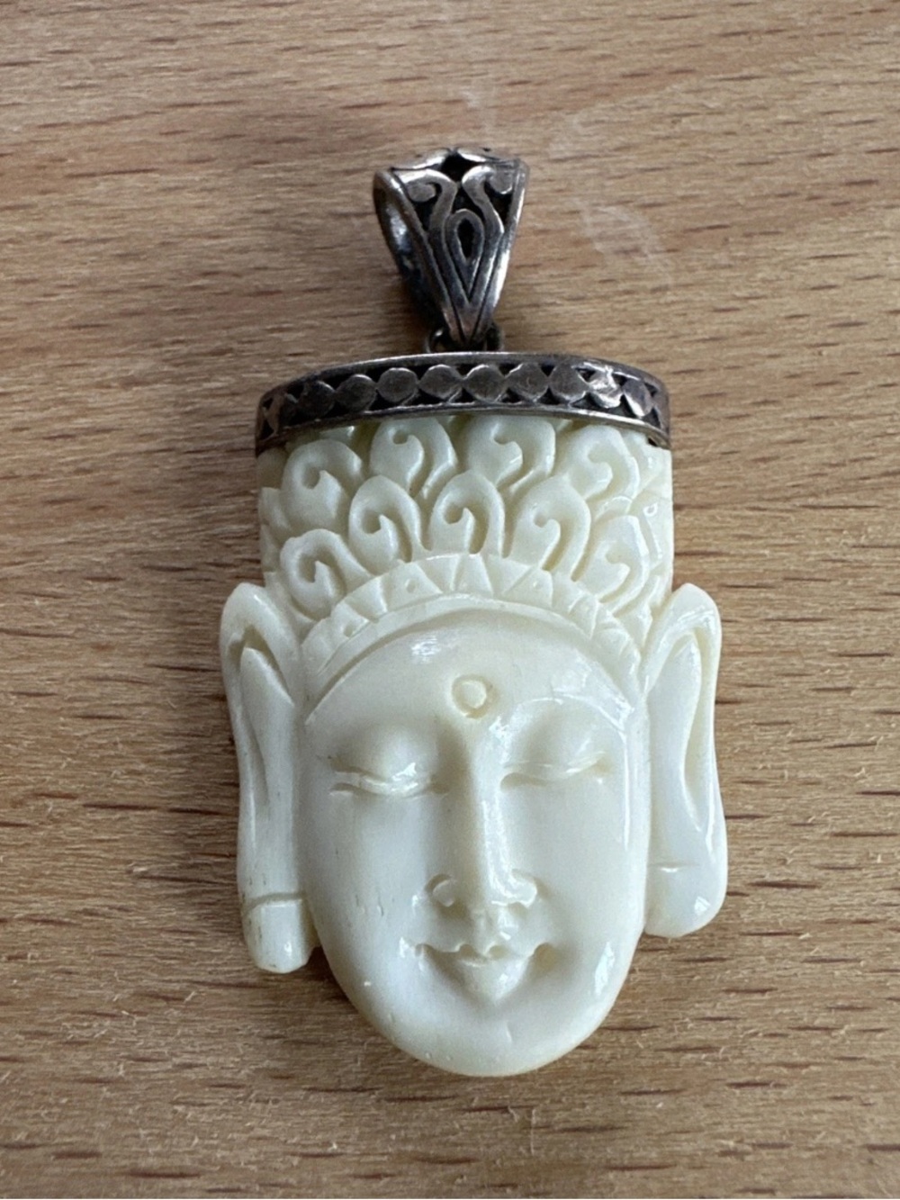 925 Silver Handcarved Buddha Bison Bone Bovine Sterling Pendant, 1 3/4